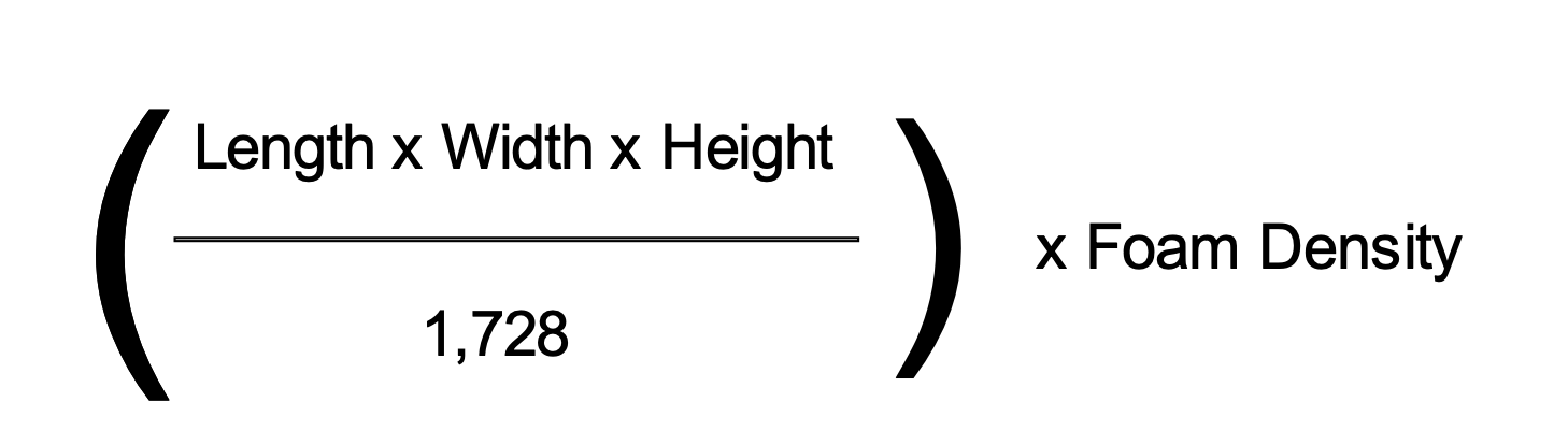 a calculation showing (length x width x height / 1,7288) X Foam Density