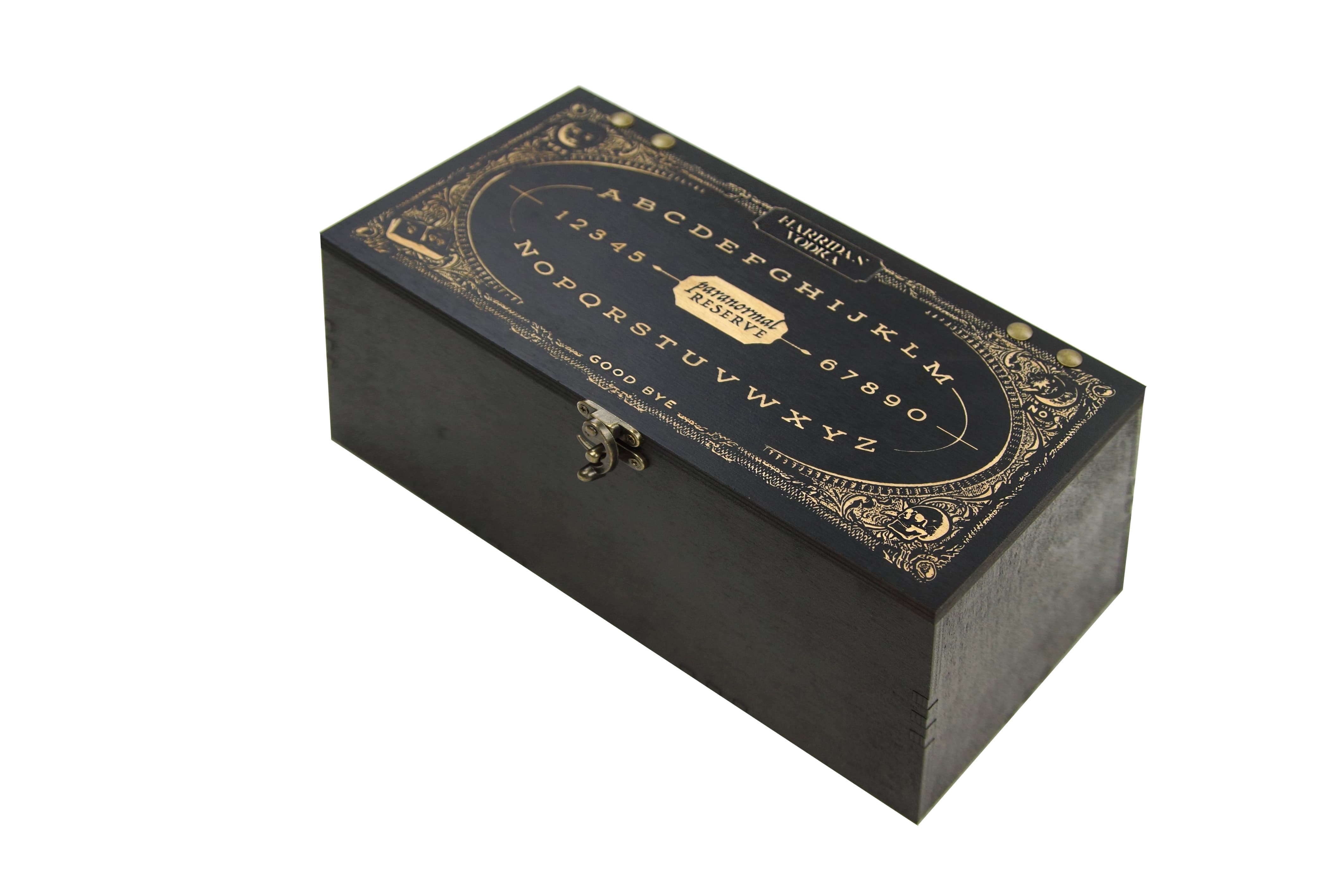 exterior of a harridan vodka box, made to look like a ouija board.