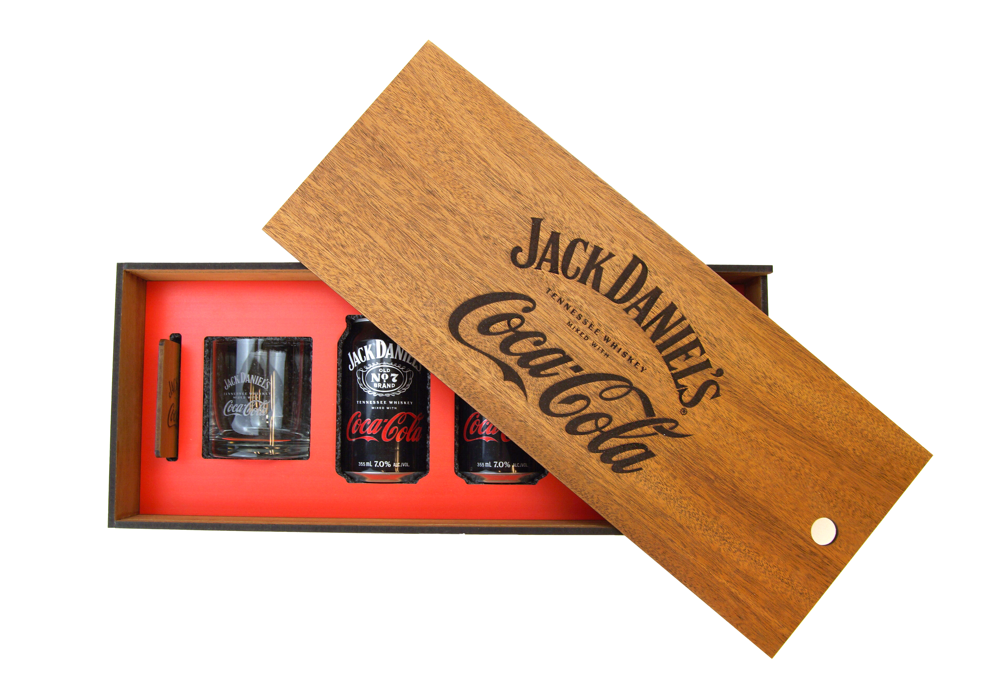 interior of a packaging with Jack Daniels and Coca Cola