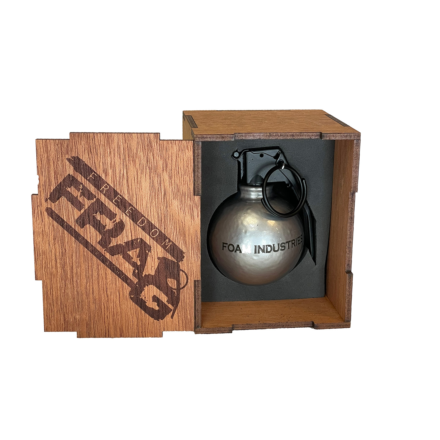 a wooden box for a freedom frag bottle opener: a bottle opener in the shape of a grenade.
