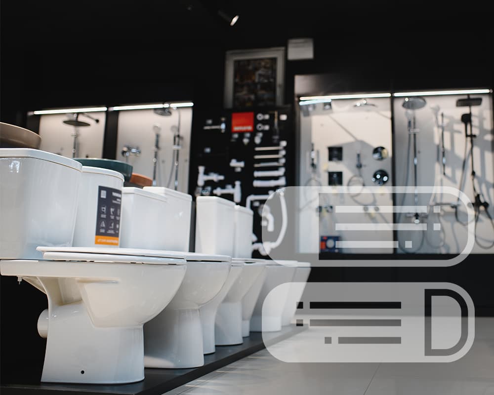 a retail fixture display showcasing toilets and showerheads